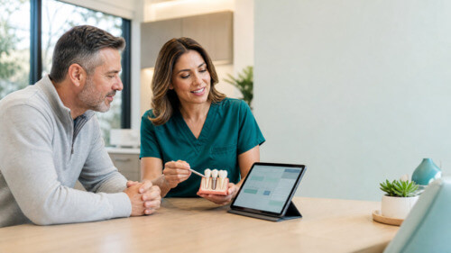 Dental Assistant Explaining Implant Cost to a Patient