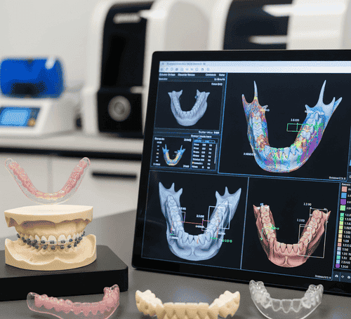 Orthodontic appliances and tablet displaying 3D jaw scans with dental analysis.