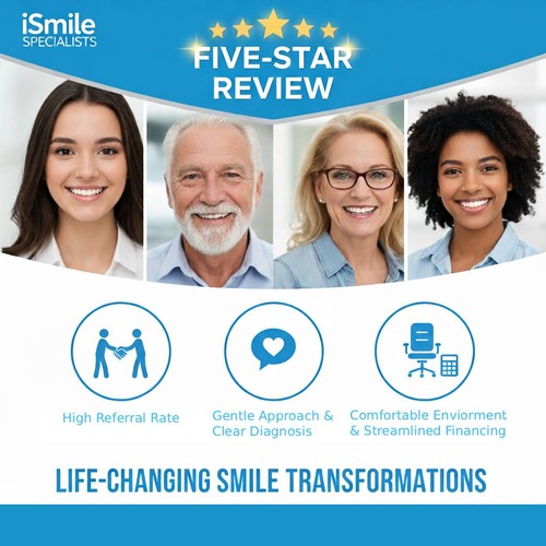 A composite image showcasing smiling patients and three icons representing "High Referral Rate," "Gentle Approach & Clear Diagnosis," and "Comfortable Environment & Streamlined Financing," with the title "FIVE-STAR REVIEW" and the text "LIFE-CHANGING SMILE TRANSFORMATIONS."