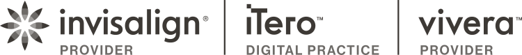 A logo that features, on the left, an asterisk-like flower with eight petals with a gray gradient of color; below this, it says “invisalign provider” where “invisalign” is in lower case, black letters and “provider” in all capitalized, gray letters. On the right, the logo says “iTero” where the "i" is black and lowercased with four blocks in top left and the “Tero” is in all capitalized, black letters; below this, it says “DIGITAL PRACTICE” in all capitalized, gray letters. There is a vertical, gray line between the logo on the left and right. There are the trademark and registered trademark symbols after "invisalign" and "iTero", respectively.