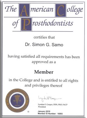 Certificate from The American College of Prosthodontists certifying Dr. Simon G. Samo as a Member, dated January 2010.