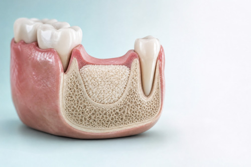 Illustration of bone graft material placed in a lower jaw site before dental implant treatment