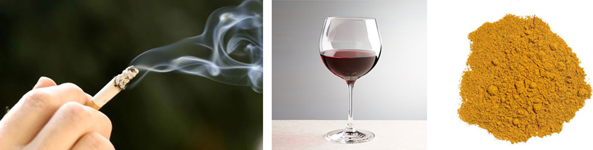 "A three-panel horizontal collage showcasing common causes of tooth staining: a hand holding a lit, smoking cigarette; a glass of red wine; and a pile of bright yellow turmeric powder."