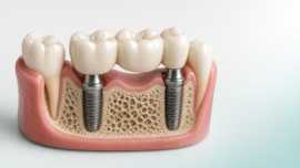 Diagram of a three-unit dental bridge supported by two implants in the lower jaw